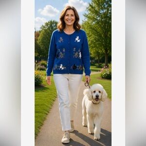 Berek2 by Takako Sakon royal blue VTG poodle dog sweater cardigan embroidery M